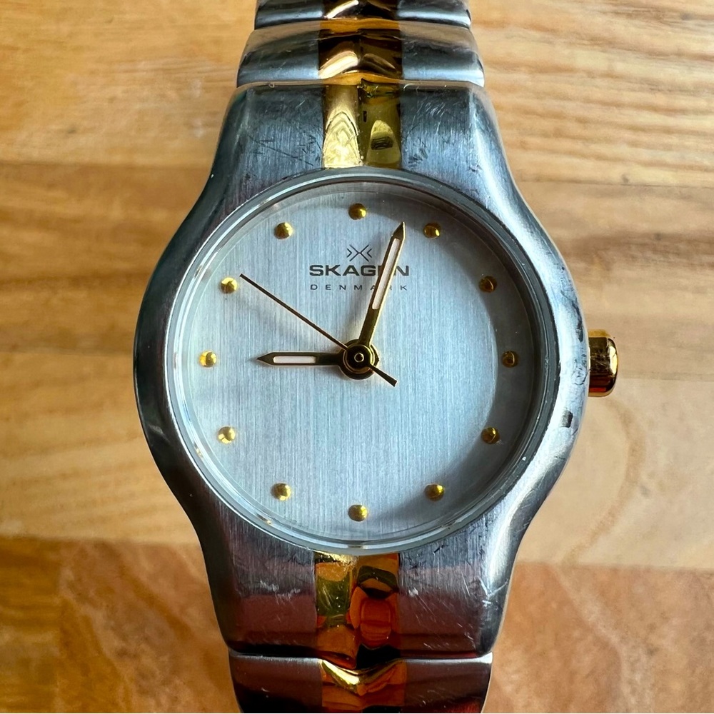 Skagen Denmark ladies two-tone modern bangle bracelet watch NEW BATTERY